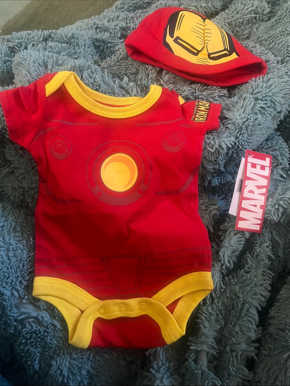 Marvel Iron Man Red and Yellow Infant Bodysuit with Hat